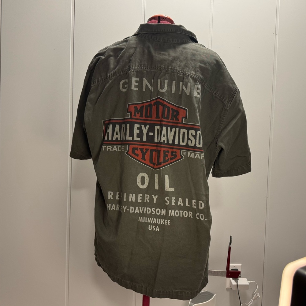 Harley Davidson Cycle Garage Mechanic Gray Button Down Shirt Oil Refinery Sz XL